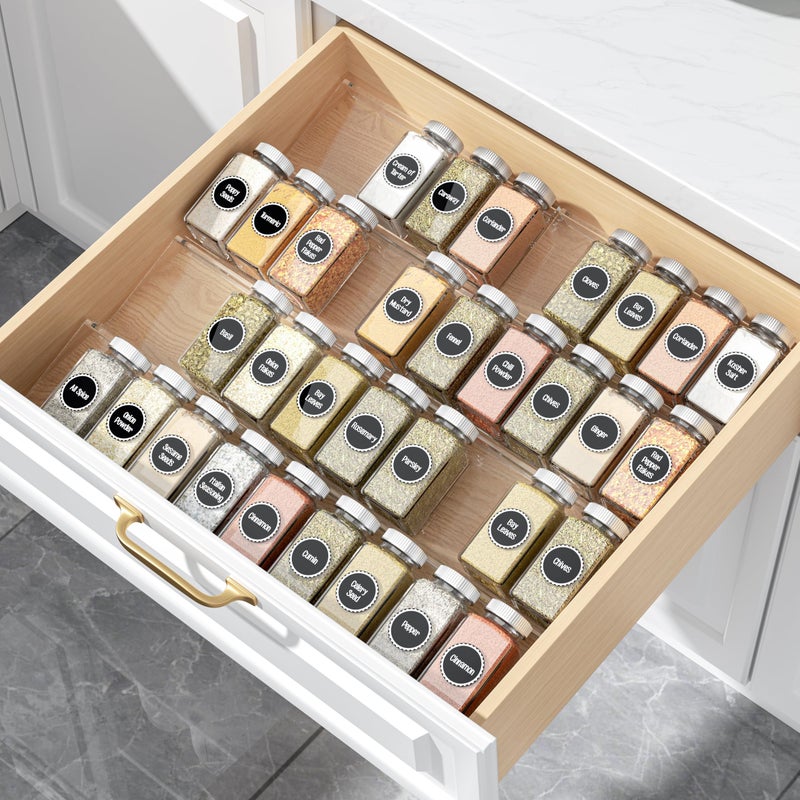 MIUKAA Clear Acrylic Spice Drawer Organizer, 4 Tier- 2 Set Expandable From 9" to 18" Seasoning Jars Drawers Insert, Kitchen Spice Rack Tray for Drawer/Countertop (Jars not included) - Image 1